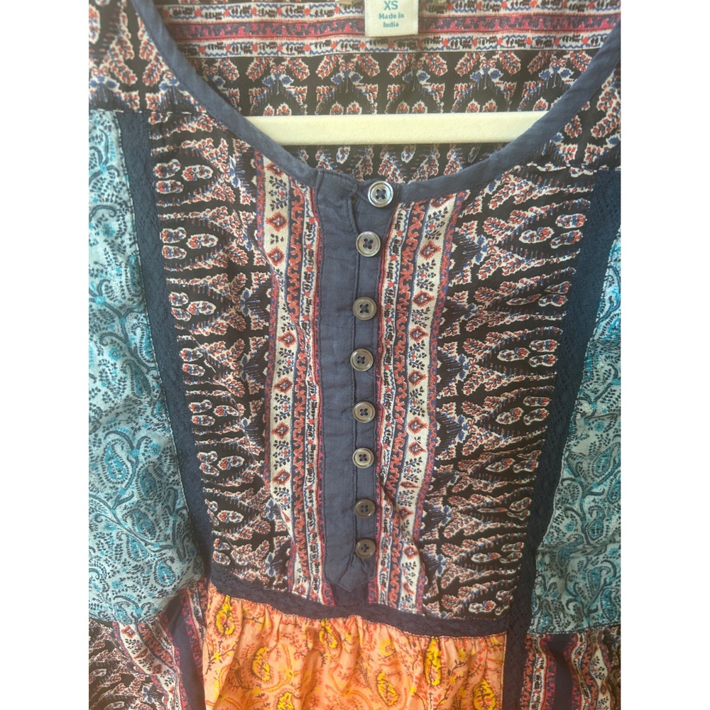 Sundance Patchwork Paisley Cotton Henley Top Blue Orange Boho Cap Sleeve - Picture 3 of 7